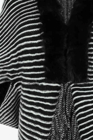 Fringe Striped Open Front Fur Faux Trim Poncho-MXSTUDIO.COM