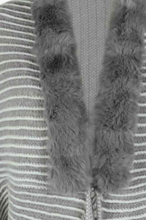 Fringe Striped Open Front Fur Faux Trim Poncho-MXSTUDIO.COM