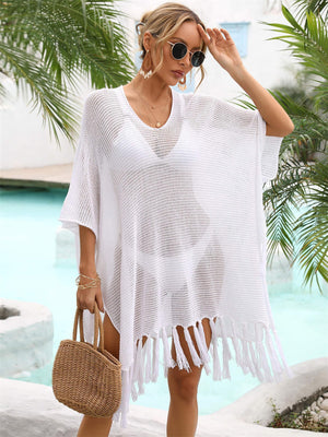 Fringe Trim Openwork White Sheer Cover-Up - MXSTUDIO.COM