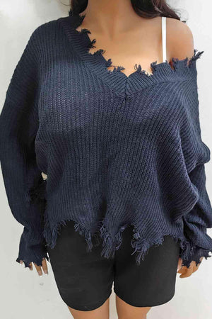 Fringe Trim Plus Size Navy Blue Sweater - MXSTUDIO.COM