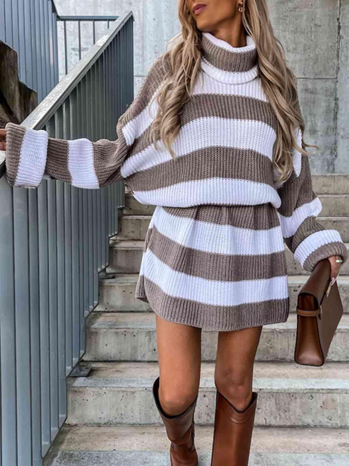 Frosty Chic Striped Turtleneck Sweater Dress-MXSTUDIO.COM