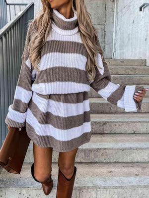 Frosty Chic Striped Turtleneck Sweater Dress-MXSTUDIO.COM