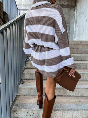 Frosty Chic Striped Turtleneck Sweater Dress-MXSTUDIO.COM