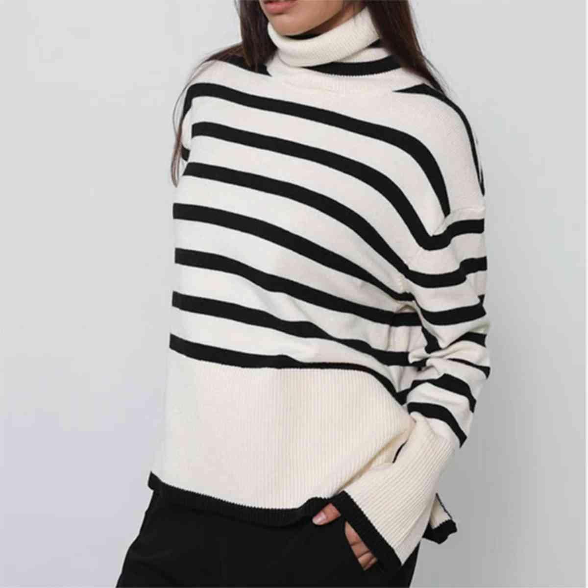 Frosty Comfort Knit Striped Turtleneck Sweater-MXSTUDIO.COM