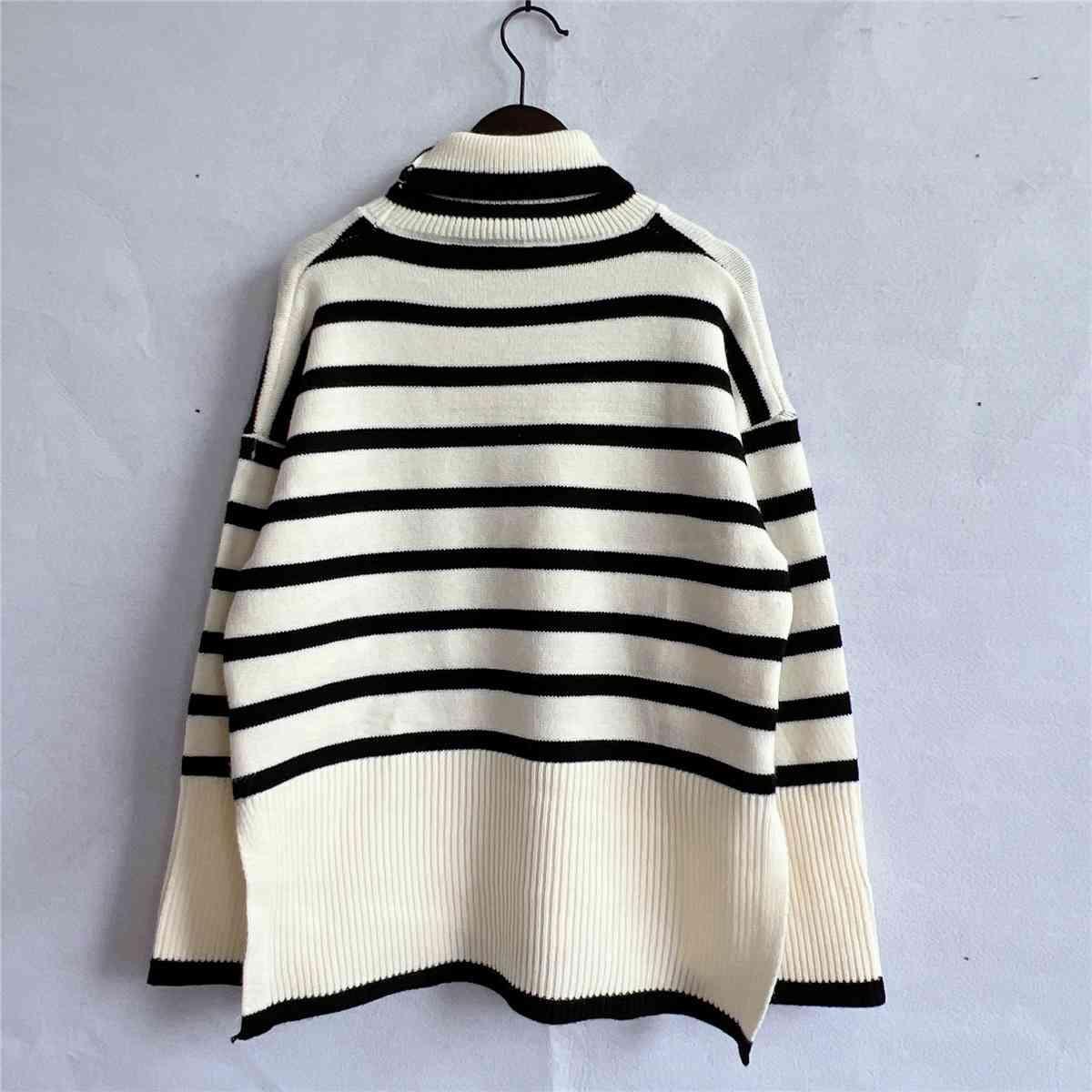 Frosty Comfort Knit Striped Turtleneck Sweater-MXSTUDIO.COM