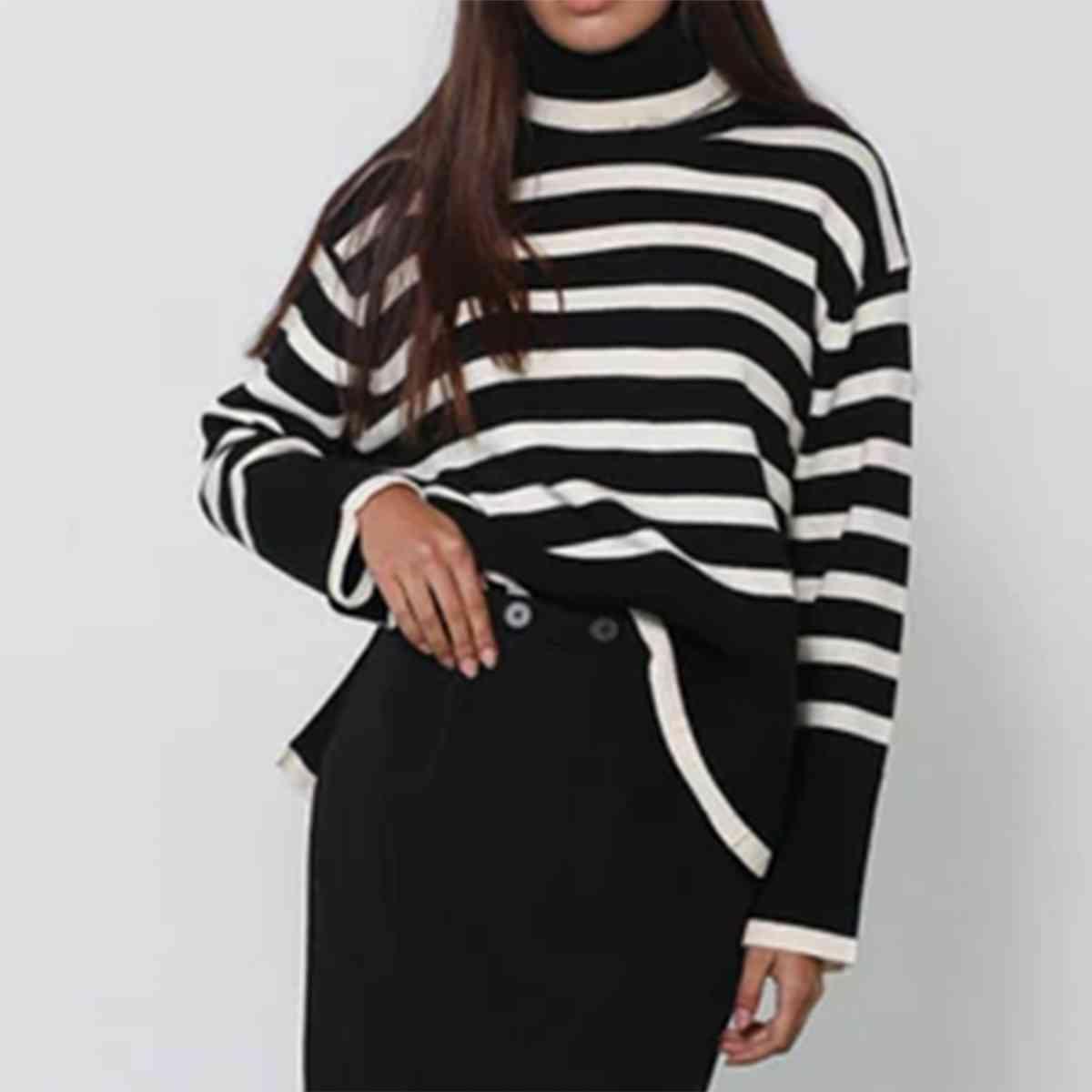 Frosty Comfort Knit Striped Turtleneck Sweater-MXSTUDIO.COM