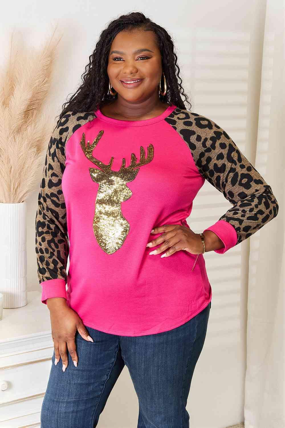 Fuchsia Pink Women's Plus Size Leopard Print Top - MXSTUDIO.COM