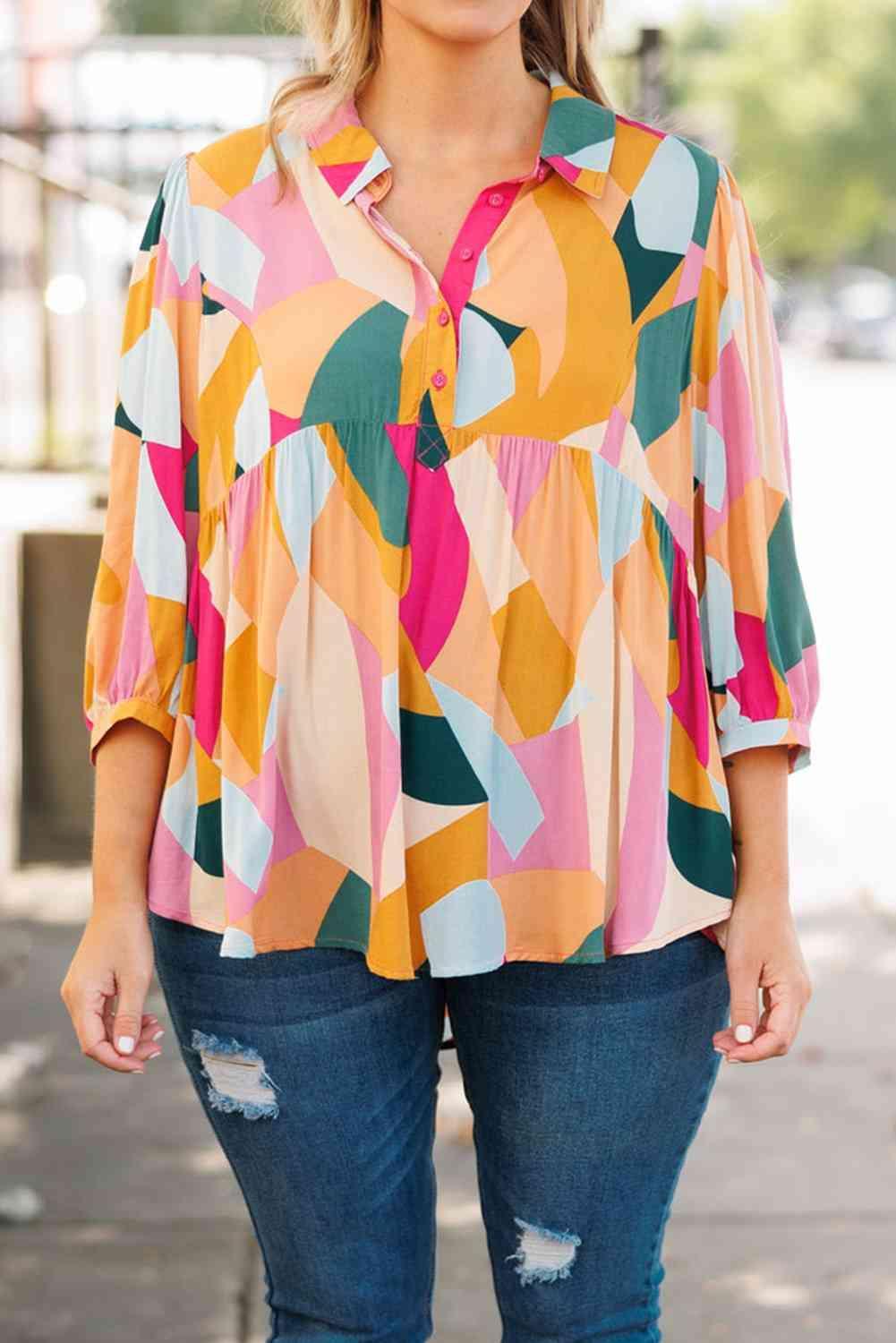 Full Of Fun Plus Size Half Buttoned Multicolor Blouse - MXSTUDIO.COM