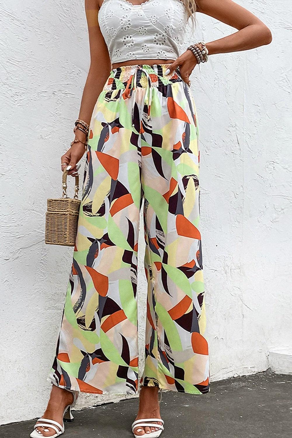 Full Of Life Abstract Print Elastic Waist Wide Leg Pants - MXSTUDIO.COM