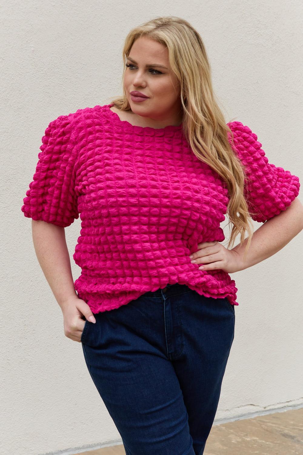 Full Of Life Textured Pink Puff Sleeve Top - MXSTUDIO.COM