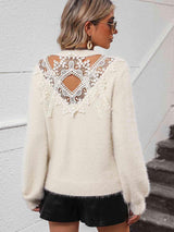 Fuzzy Back Cutout Lace Trim Sweater - MXSTUDIO.COM