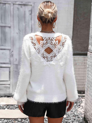 Fuzzy Back Cutout Lace Trim Sweater - MXSTUDIO.COM