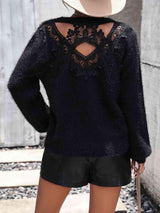 Fuzzy Back Cutout Lace Trim Sweater - MXSTUDIO.COM