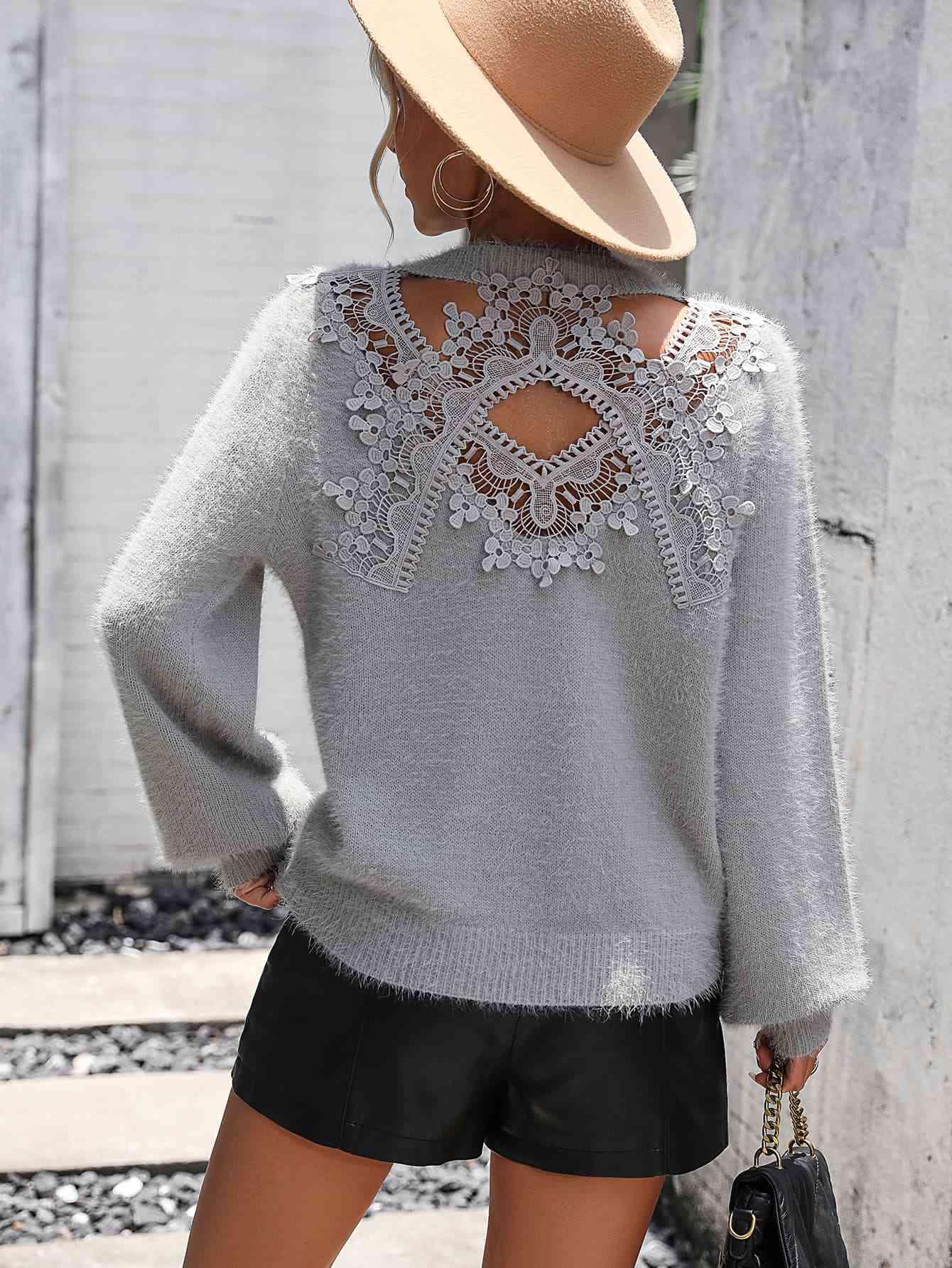 Fuzzy Back Cutout Lace Trim Sweater - MXSTUDIO.COM