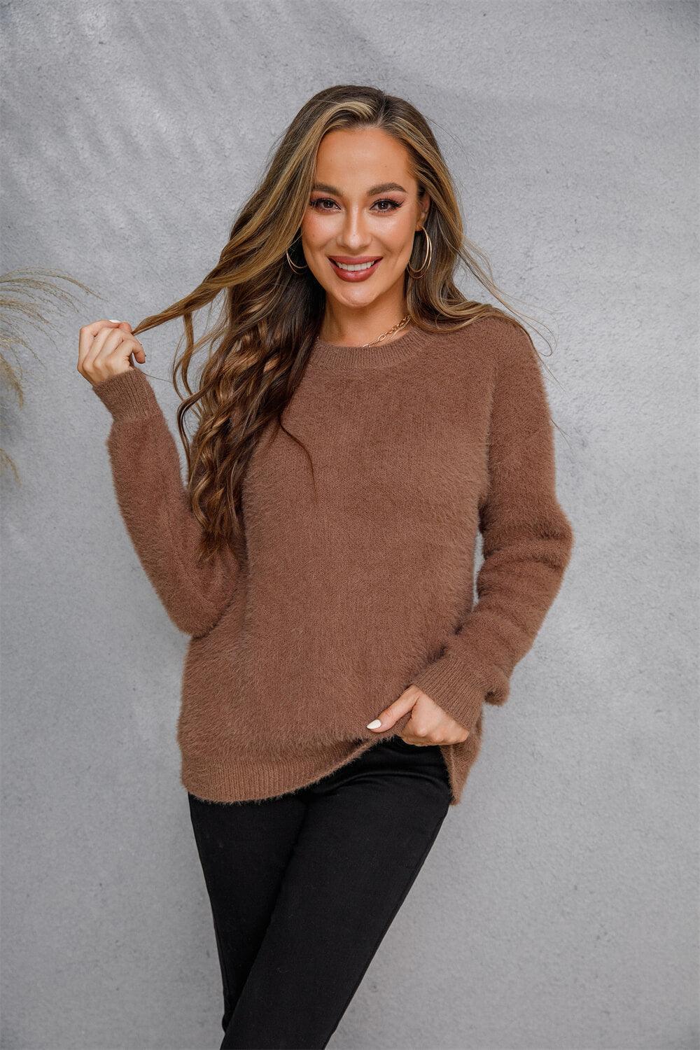 Fuzzy Dropped Shoulder Crew Neck Sweater - MXSTUDIO.COM