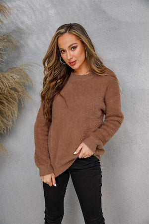 Fuzzy Dropped Shoulder Crew Neck Sweater - MXSTUDIO.COM