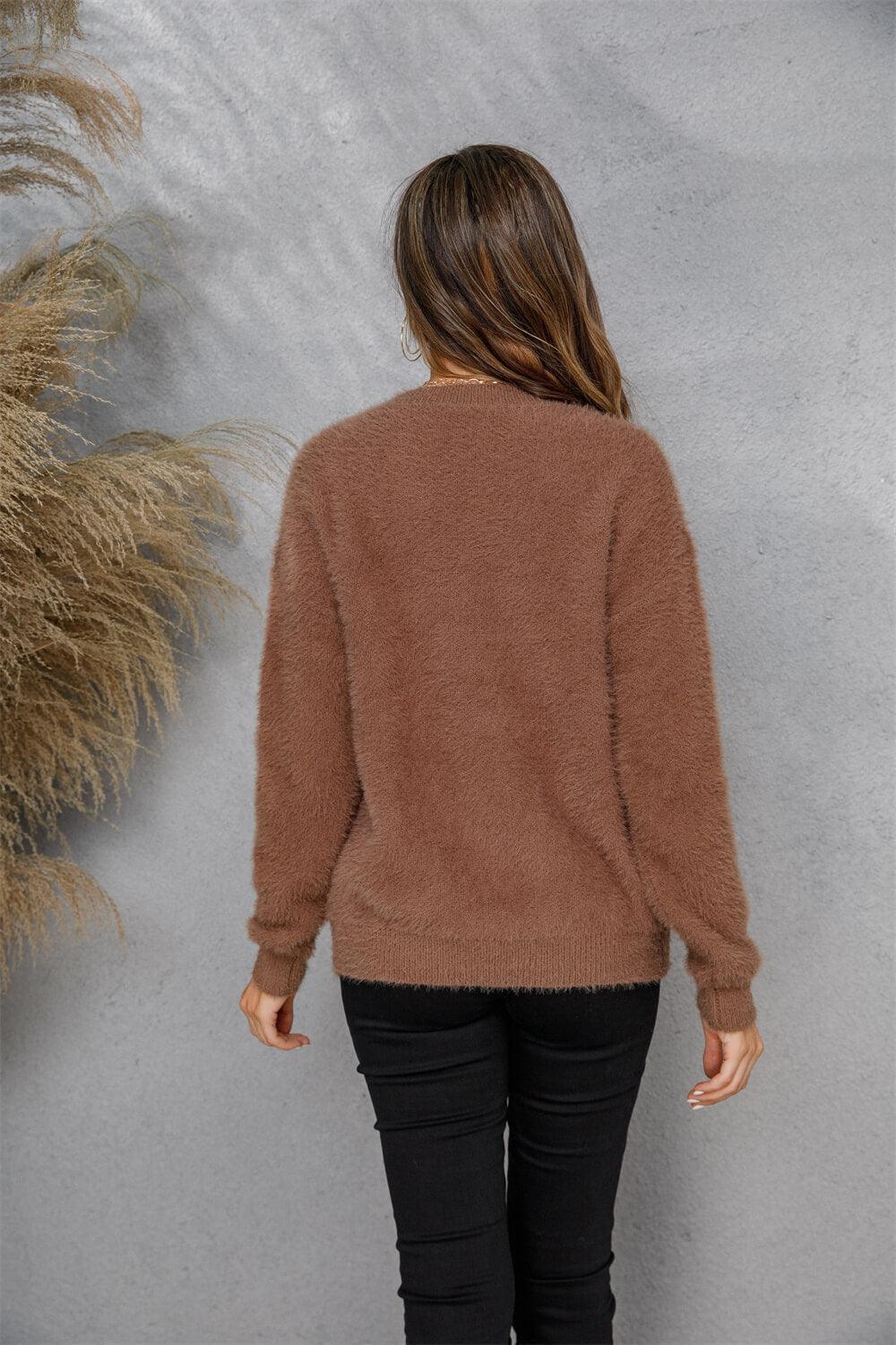 Fuzzy Dropped Shoulder Crew Neck Sweater - MXSTUDIO.COM