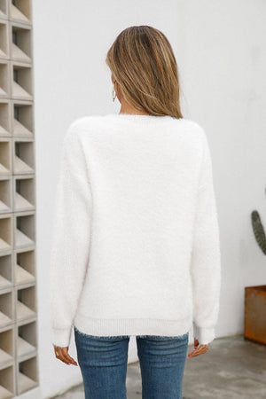 Fuzzy Dropped Shoulder Crew Neck Sweater - MXSTUDIO.COM