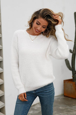 Fuzzy Dropped Shoulder Crew Neck Sweater - MXSTUDIO.COM