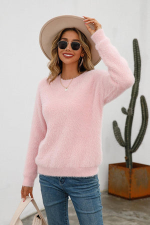 Fuzzy Dropped Shoulder Crew Neck Sweater - MXSTUDIO.COM