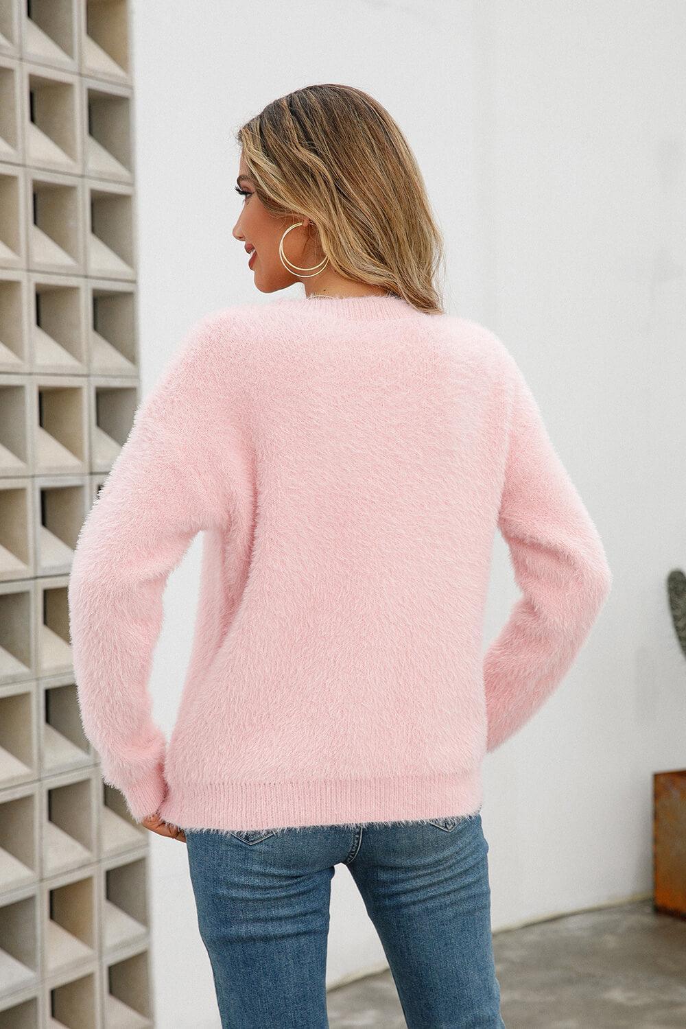 Fuzzy Dropped Shoulder Crew Neck Sweater - MXSTUDIO.COM