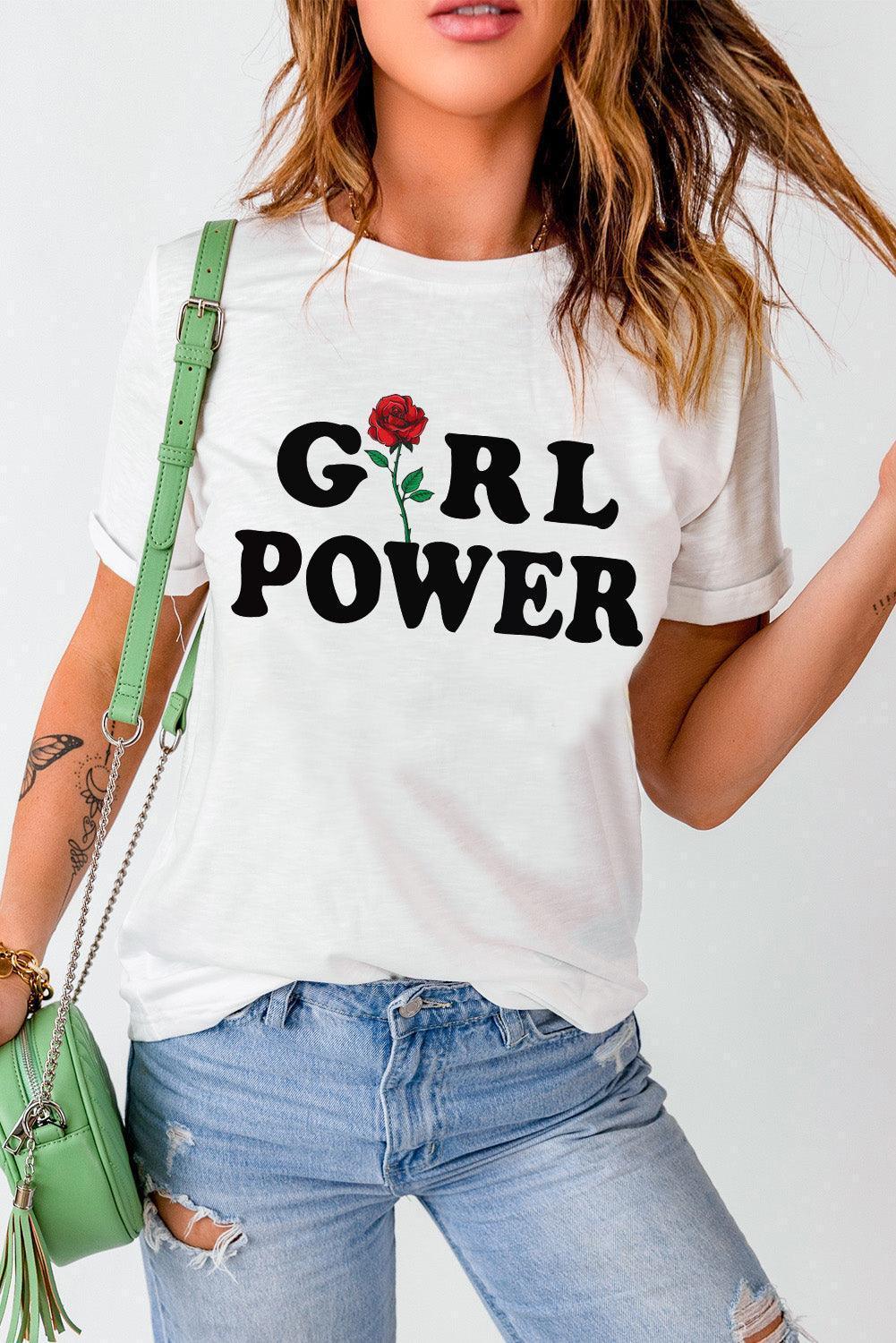 GIRL POWER Rose White Graphic Tee - MXSTUDIO.COM