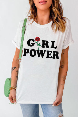 GIRL POWER Rose White Graphic Tee - MXSTUDIO.COM