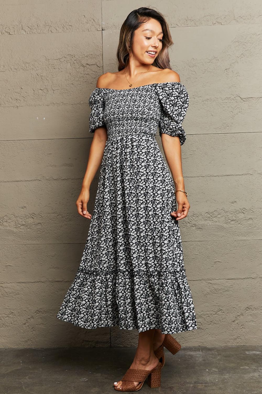 Gentle Charm Floral Off The Shoulder Midi Dress - MXSTUDIO.COM