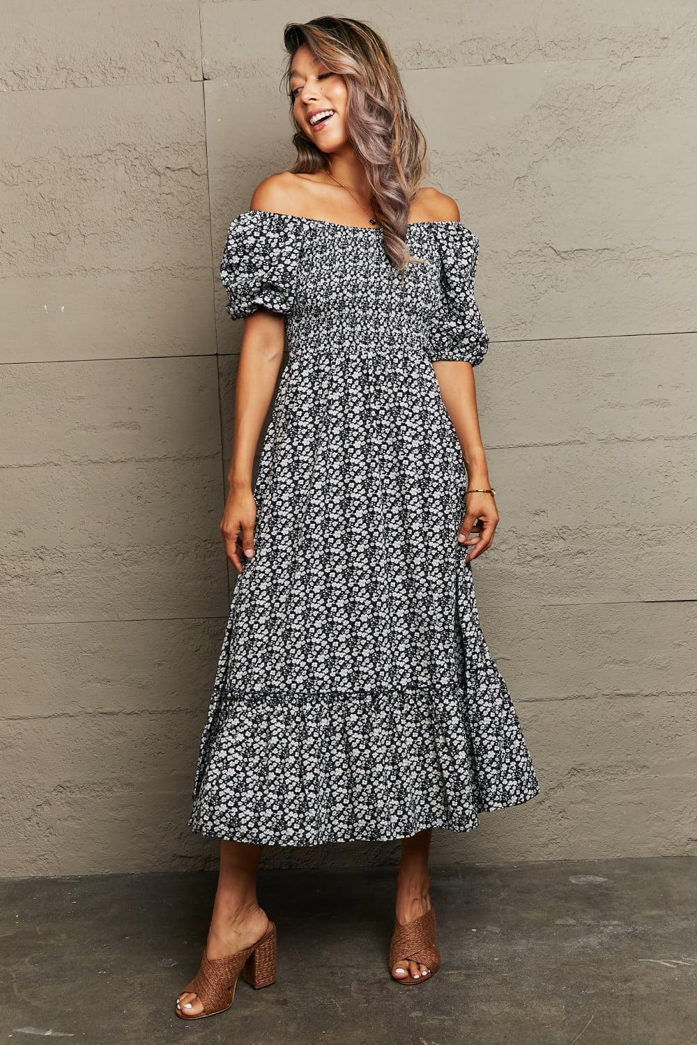 Gentle Charm Floral Off The Shoulder Midi Dress - MXSTUDIO.COM