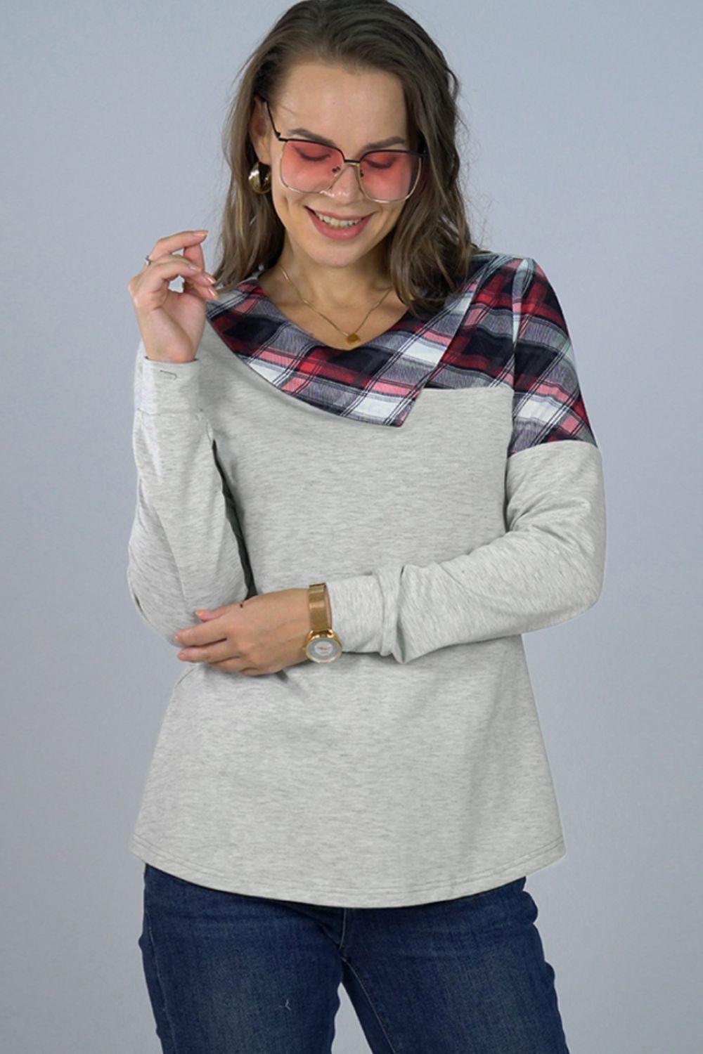 Gentle Embrace Plaid Gray Long Sleeve Top - MXSTUDIO.COM