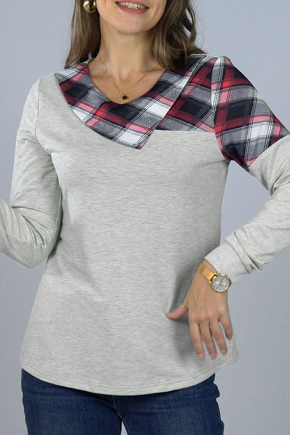 Gentle Embrace Plaid Gray Long Sleeve Top - MXSTUDIO.COM