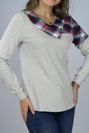 Gentle Embrace Plaid Gray Long Sleeve Top - MXSTUDIO.COM