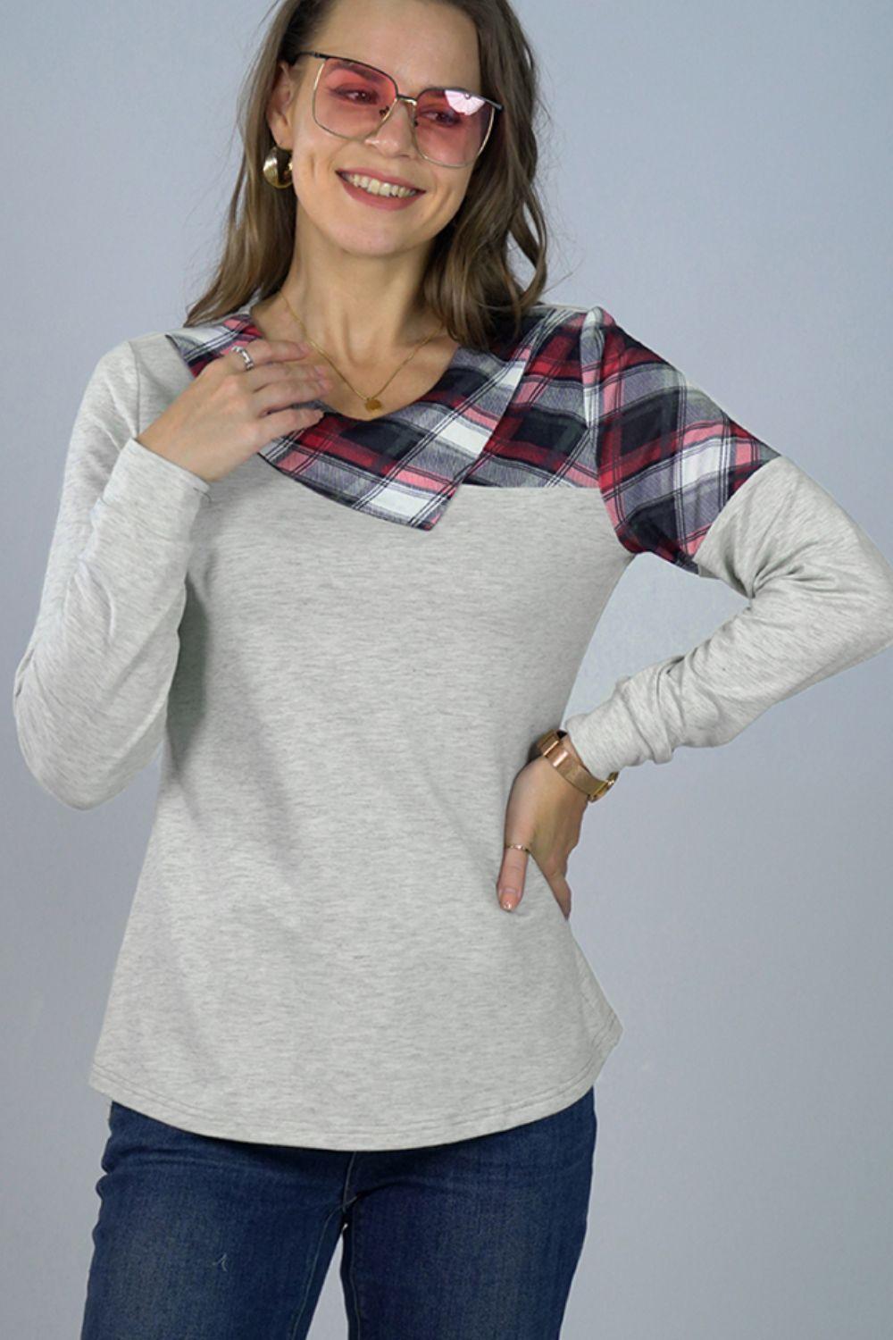 Gentle Embrace Plaid Gray Long Sleeve Top - MXSTUDIO.COM