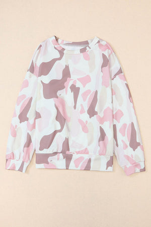 a pink and white camouflage print sweatshirt