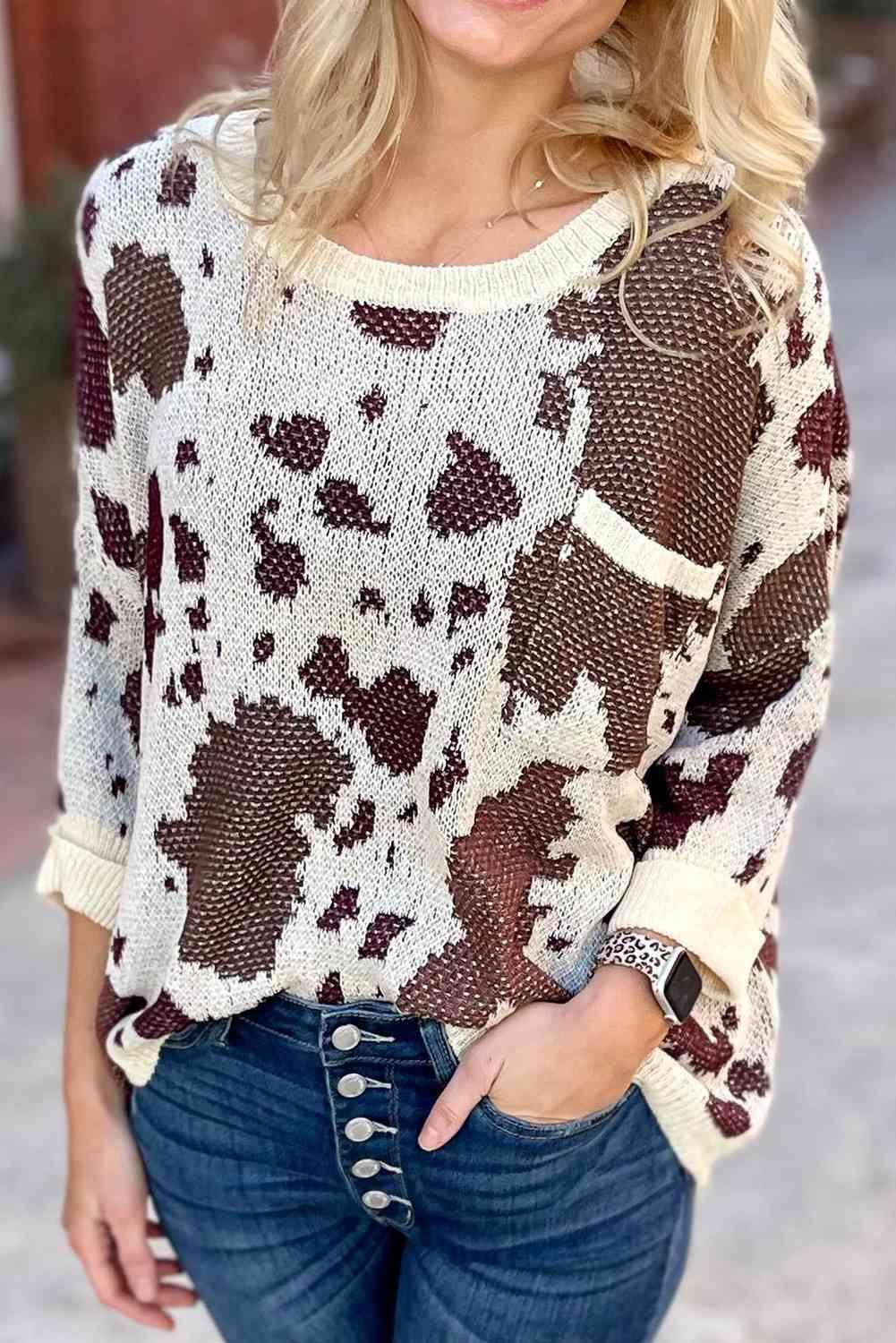 Gently Cozy Crew Neck Cow Print Sweater-MXSTUDIO.COM