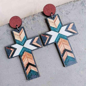 Gently Textured Cross Shape Wooden Drop Earrings-MXSTUDIO.COM