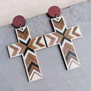 Gently Textured Cross Shape Wooden Drop Earrings-MXSTUDIO.COM