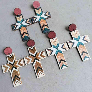 Gently Textured Cross Shape Wooden Drop Earrings-MXSTUDIO.COM