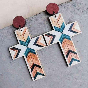 Gently Textured Cross Shape Wooden Drop Earrings-MXSTUDIO.COM