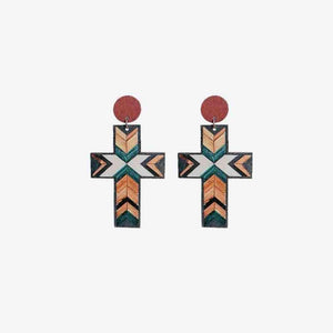 Gently Textured Cross Shape Wooden Drop Earrings-MXSTUDIO.COM