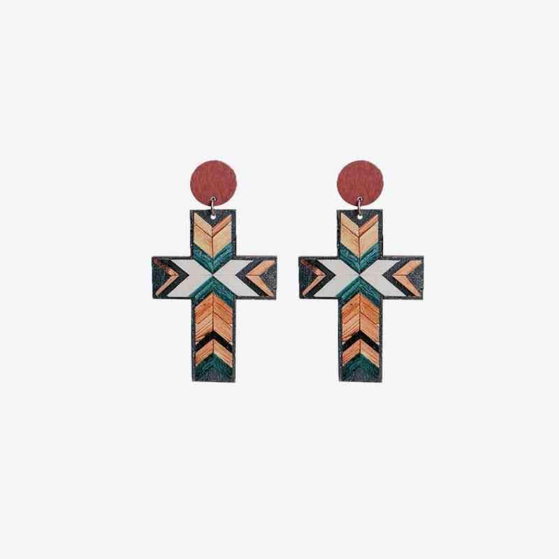 Gently Textured Cross Shape Wooden Drop Earrings-MXSTUDIO.COM