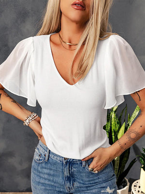 Genuine Happiness Flutter Sleeve V Neck Blouse - MXSTUDIO.COM