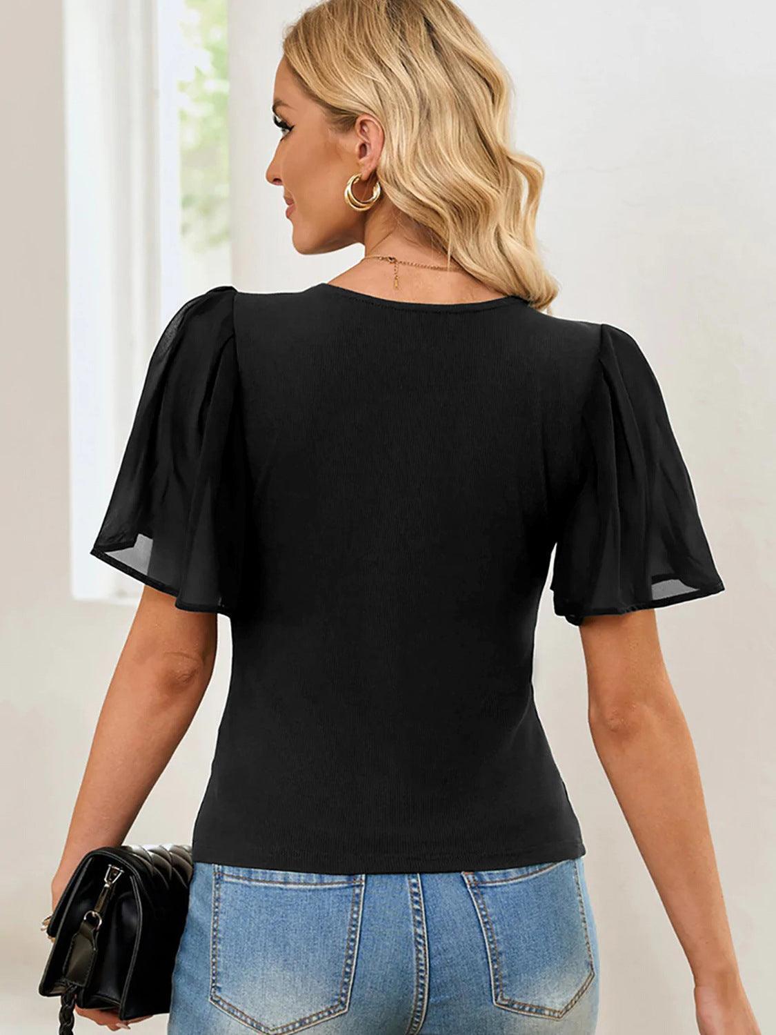 Genuine Happiness Flutter Sleeve V Neck Blouse - MXSTUDIO.COM