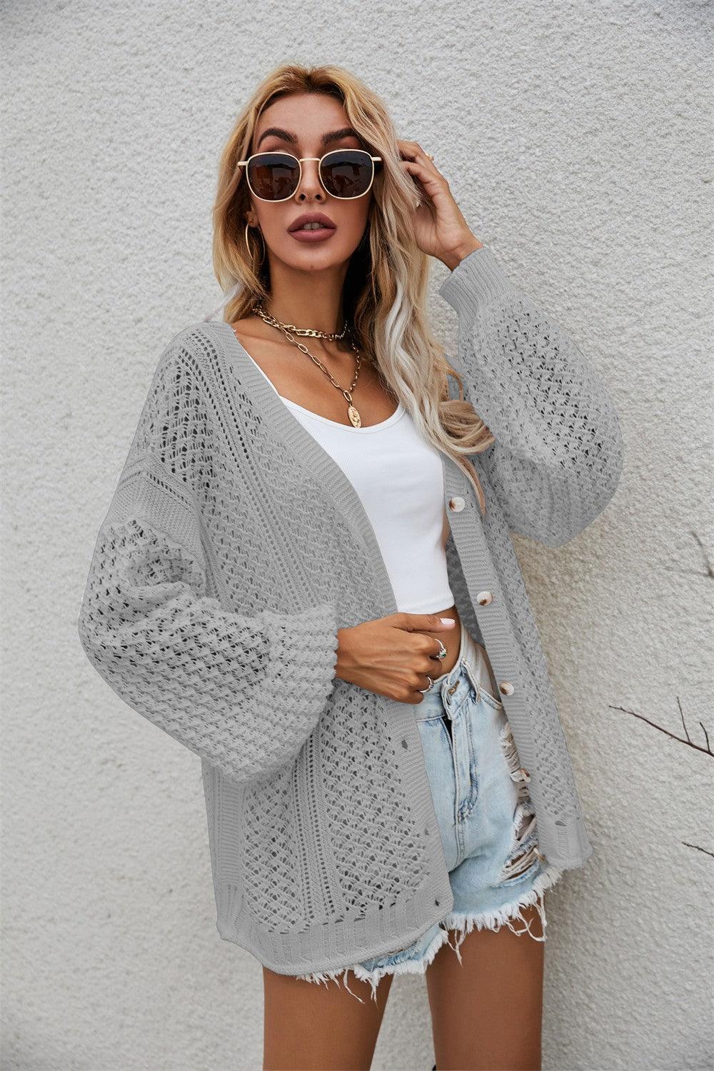 Genuine Openwork V-Neck Dropped Shoulder Cardigan - MXSTUDIO.COM