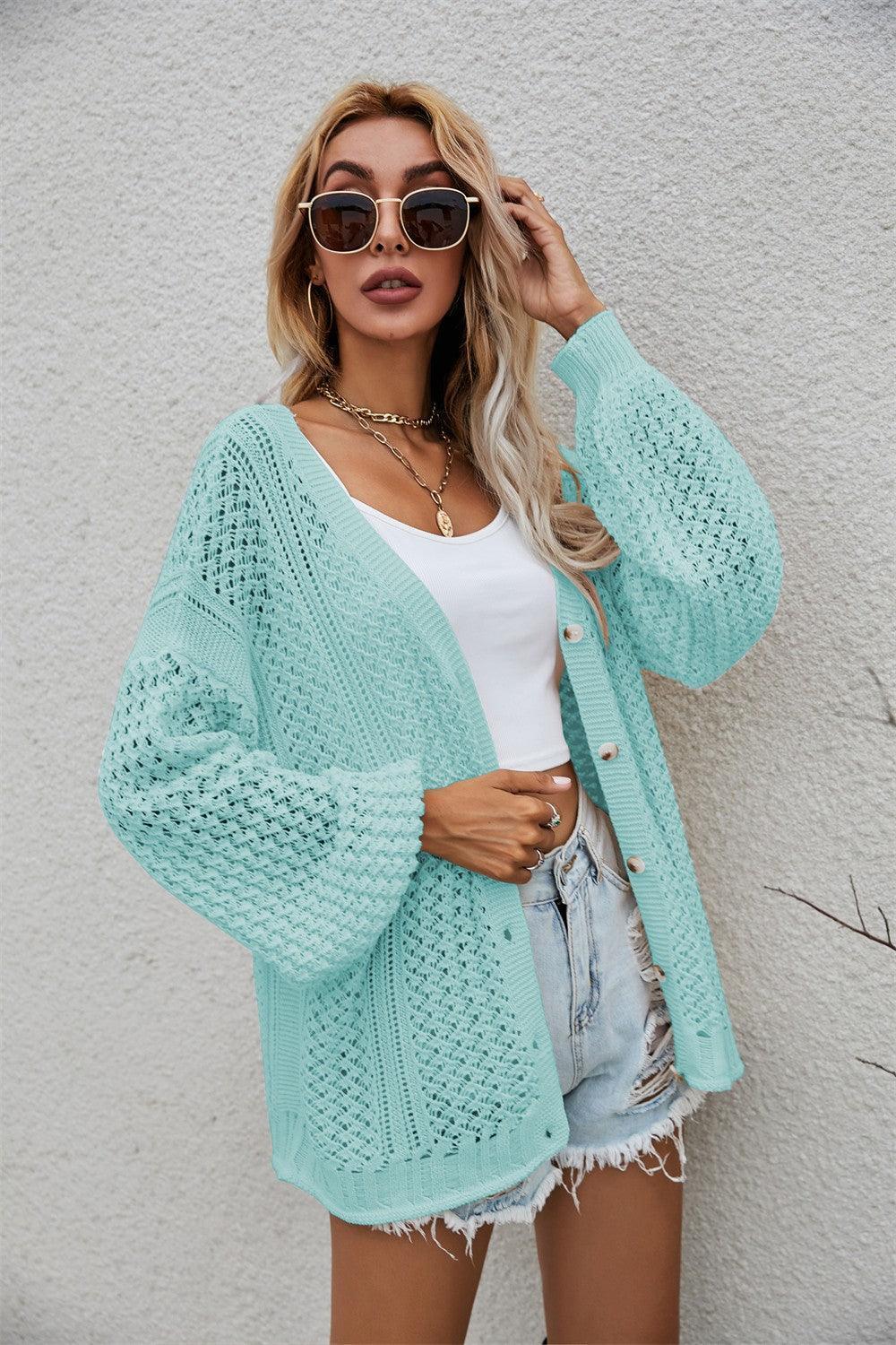 Genuine Openwork V-Neck Dropped Shoulder Cardigan - MXSTUDIO.COM