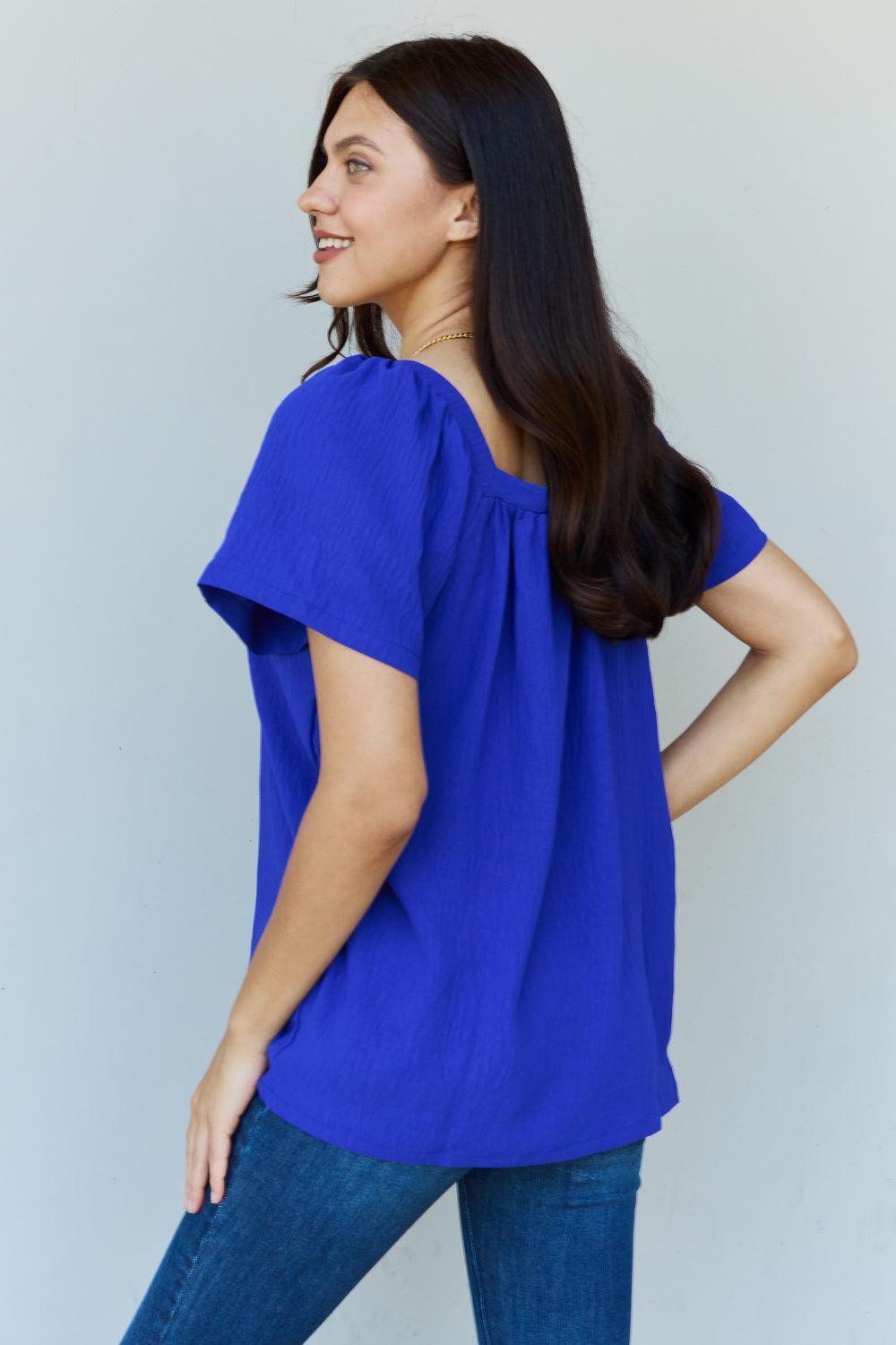 Genuine Smile Square Neck Blue Puff Sleeve Top - MXSTUDIO.COM