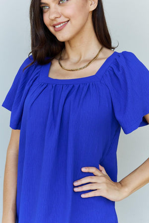 Genuine Smile Square Neck Blue Puff Sleeve Top - MXSTUDIO.COM