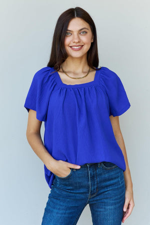 Genuine Smile Square Neck Blue Puff Sleeve Top - MXSTUDIO.COM