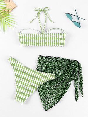 a green and white checkered bikini top and tie