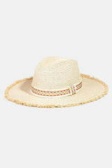 a straw hat with a ribbon around the brim